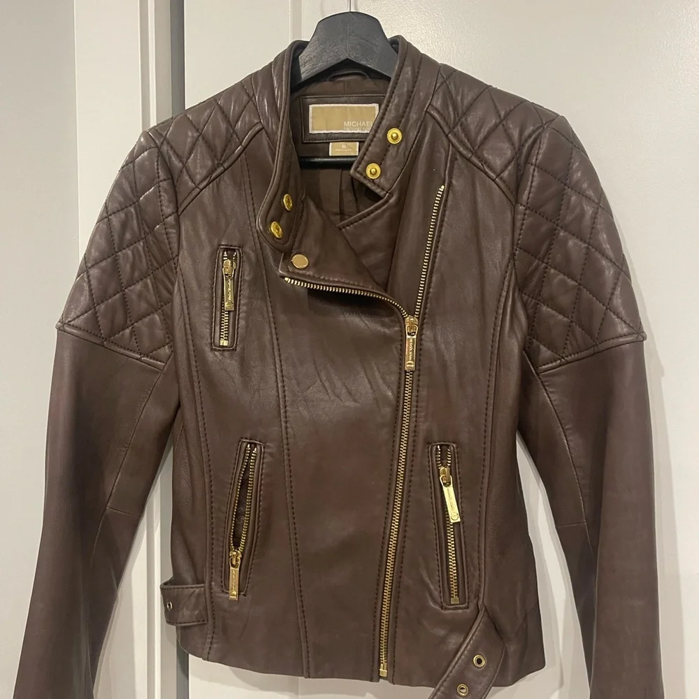 MICHAEL KORS BROWN LEATHER QUILTED MISSY NOTO JACKET 10/10 CONDITION - Picture 2 of 10